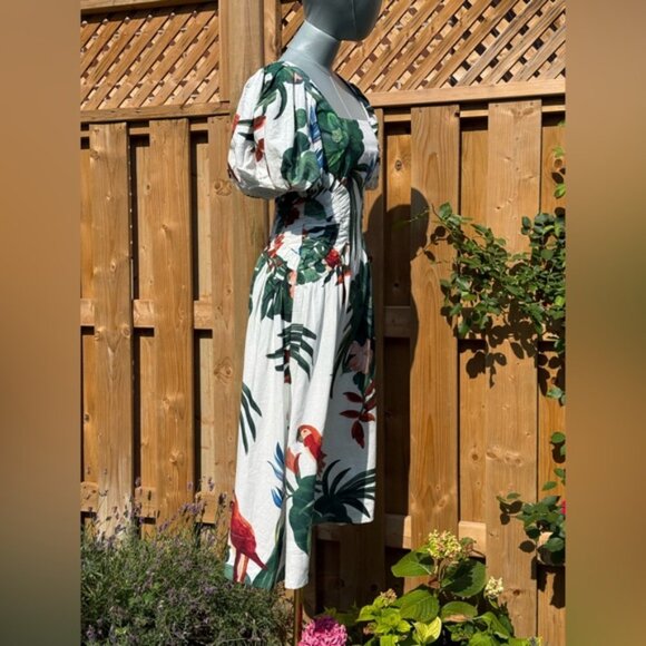 🆕 FARM Rio 🧿 NWOT Midnight Macaw Fiesta Linen Puff-Sleeve Midi Dress, Sz XXS - Picture 8 of 16